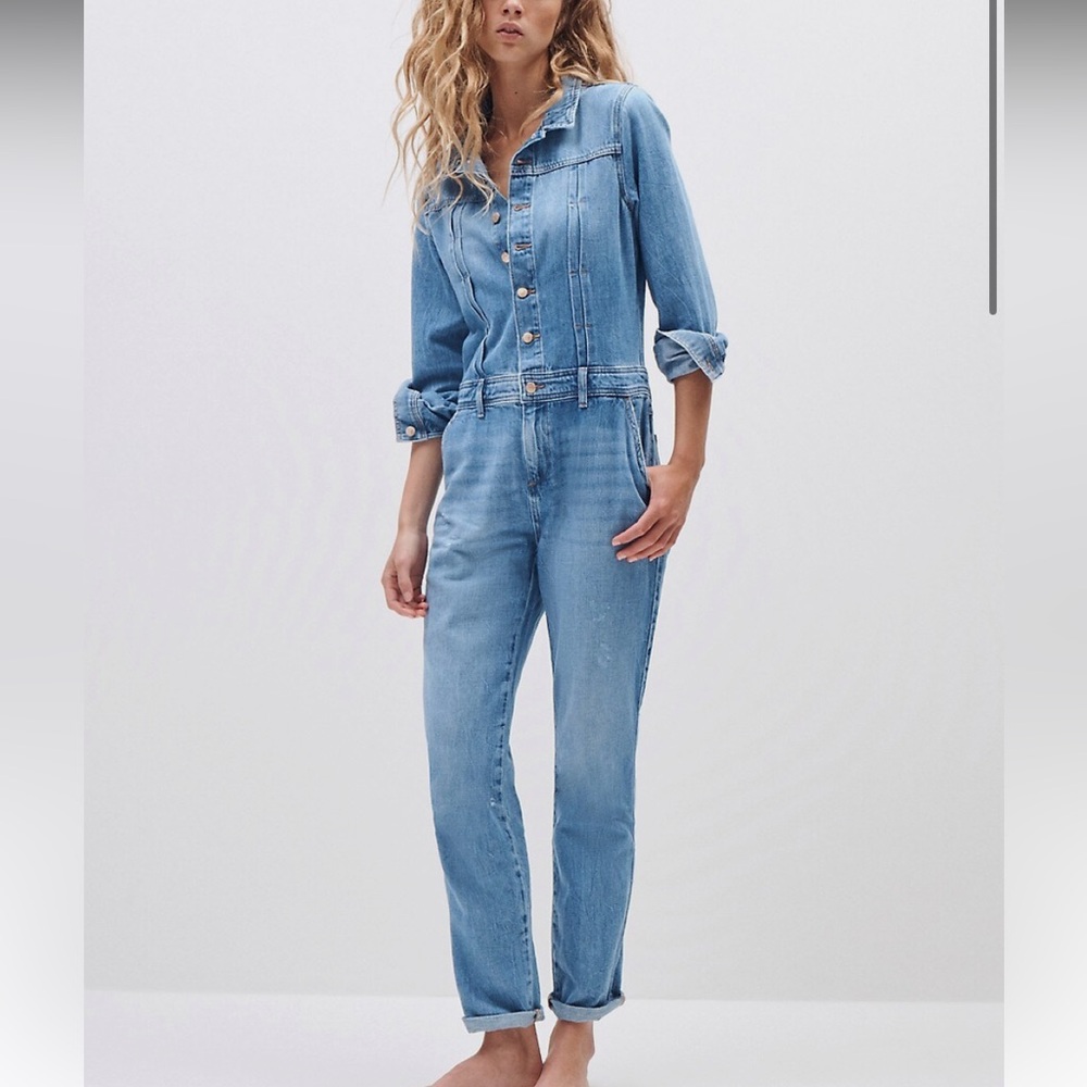Denim Button-Front Jumpsuit - Light Blue